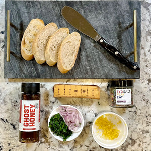 Butter_Board_Black_Truffle_Chive_Blossoms_Gourmet_SydPlayEat_SydSalt_Bread_Hot_Honey_Shallots_Parsley_Lemon