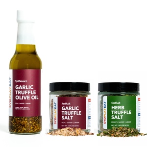 Three SydEat truffle products including Garlic Truffle Olive Oil, Garlic Truffle Salt, and Herb Truffle Salt on a white background.