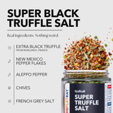 SydSalt Super Black Truffle Salt in a clear glass jar with a black label, shown on a light gray background with ingredient callouts and a pile of the salt spilling out of the jar.