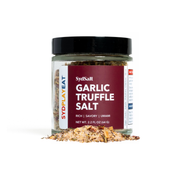 Jar of Garlic Truffle Salt with a red label on a white background