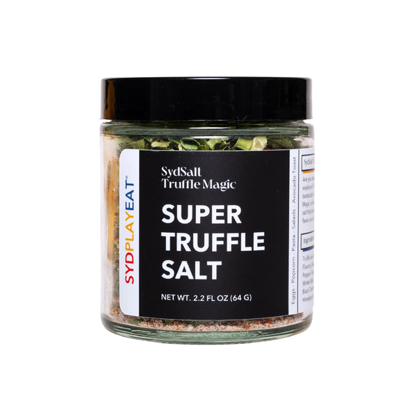 An image showing a container of super truffle salt with visible truffle pieces.