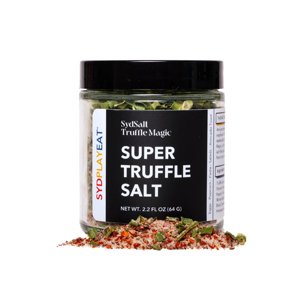 An image showing a container of super truffle salt with visible truffle pieces.