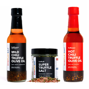 Three SydSauce products including Mild Chili Truffle Olive Oil, Super Truffle Salt, and Hot Chili Truffle Olive Oil on a white background.
