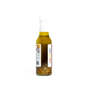 Bottle of olive oil with a label on a white background