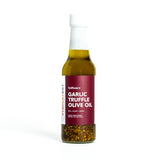 Bottle of garlic ruffle olive oil on a white background