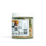 Jar of seasoning with a label on a white background