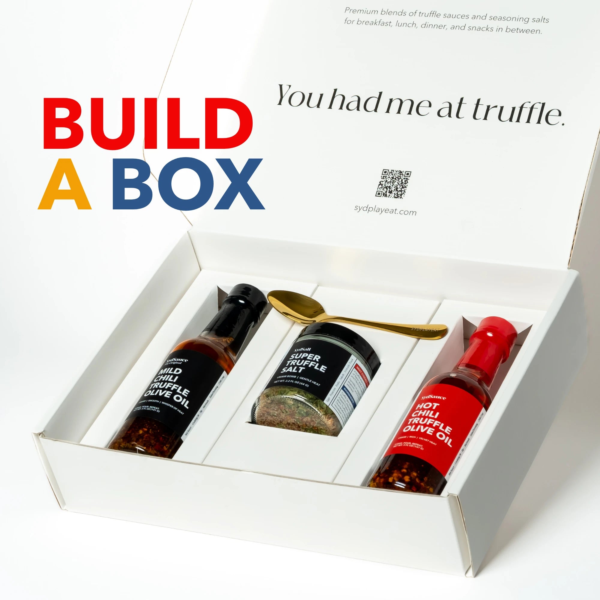 Open SydPlayEat Build a Box gift box with three truffle products
